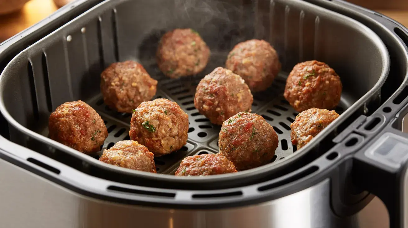 Turkey meatballs cooking in an air fryer, with steam rising from the basket.