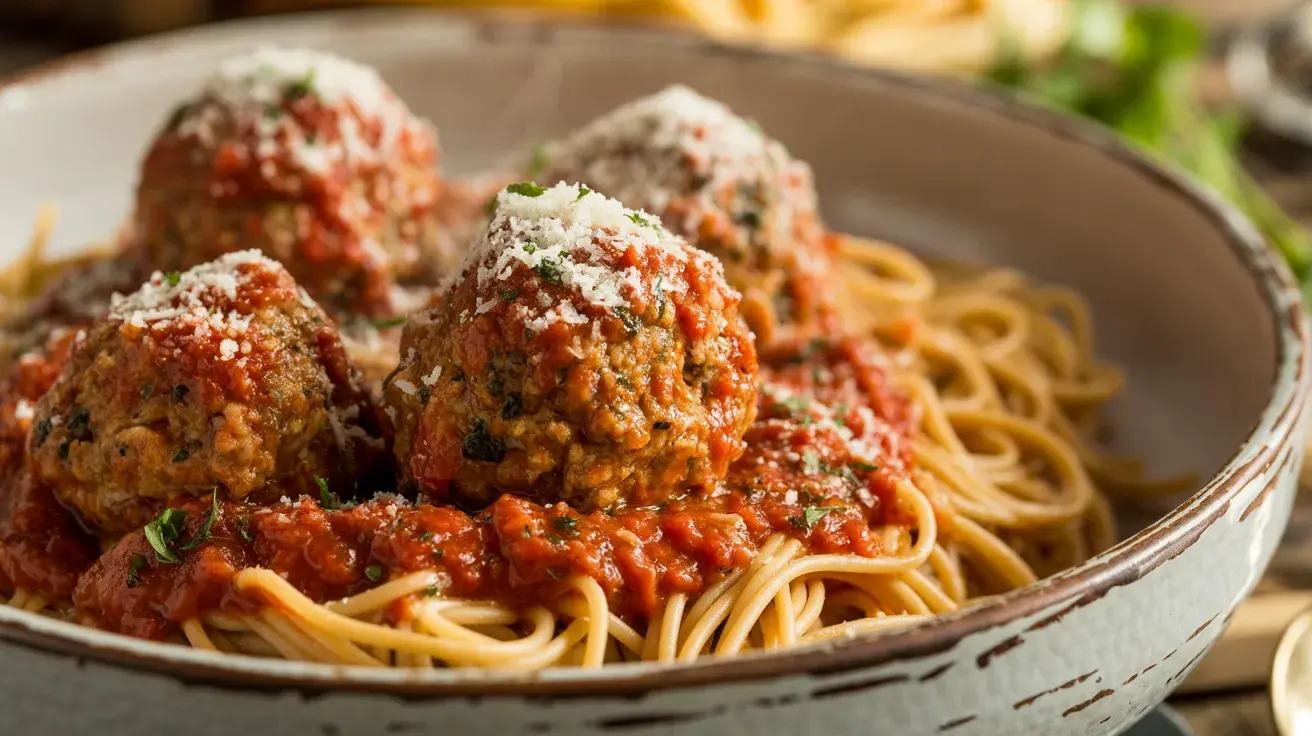 Turkey meatballs in marinara sauce served over gluten-free spaghetti