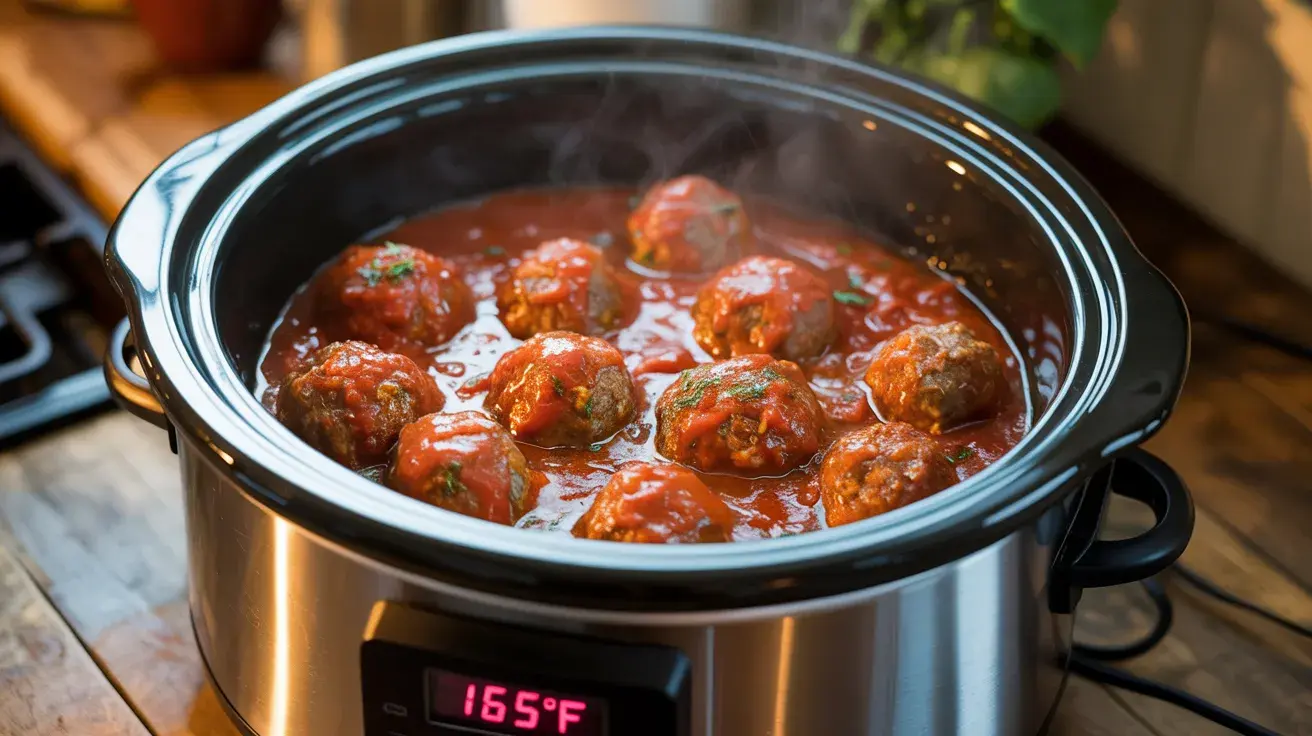 Turkey meatballs simmering in a slow cooker with marinara sauce