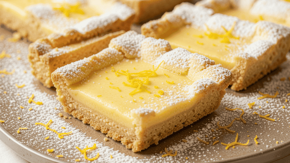 Vegan gluten-free lemon bars with creamy filling, crisp crust, dusted with powdered sugar and fresh lemon slices.