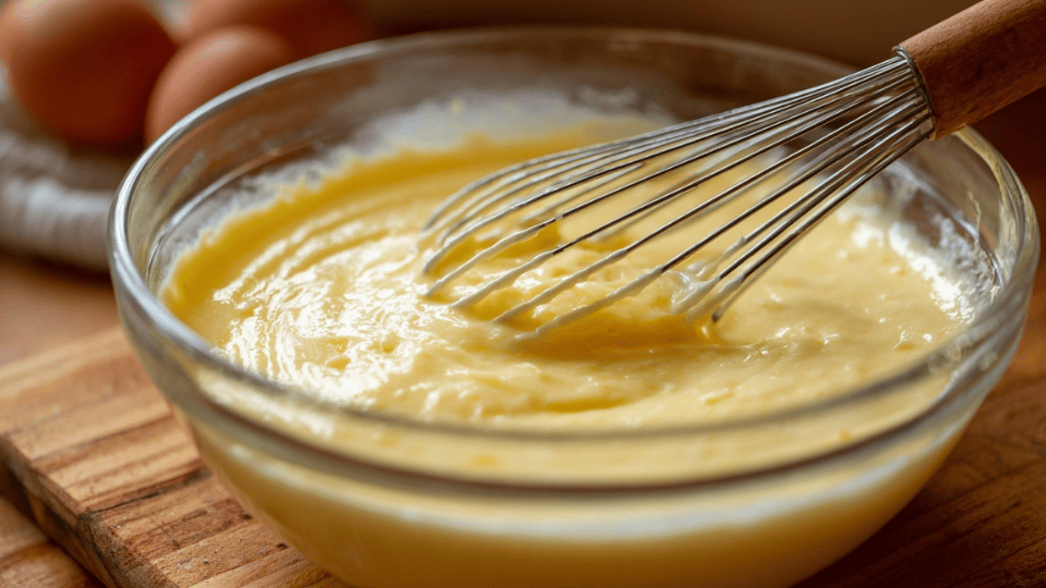 Whisking together eggs, sugar, lemon zest, and gluten-free flour to make a creamy lemon filling on a wooden surface.