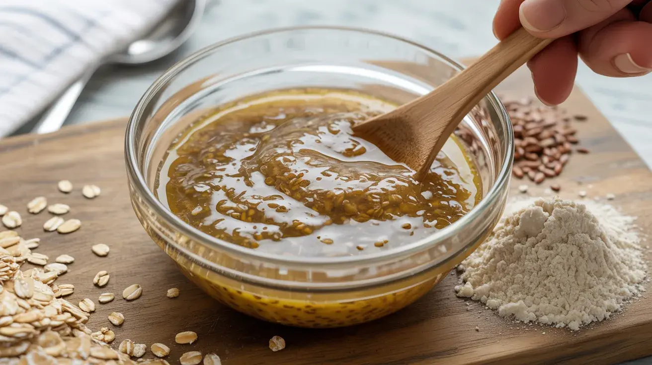 Wooden spoon stirring a flax egg mixture in a glass bowl, with oats and flour