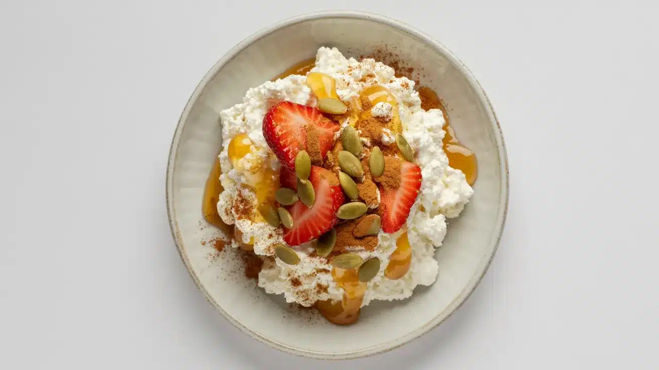 A bowl of cottage cheese with strawberries, honey, pumpkin seeds, and cinnamon