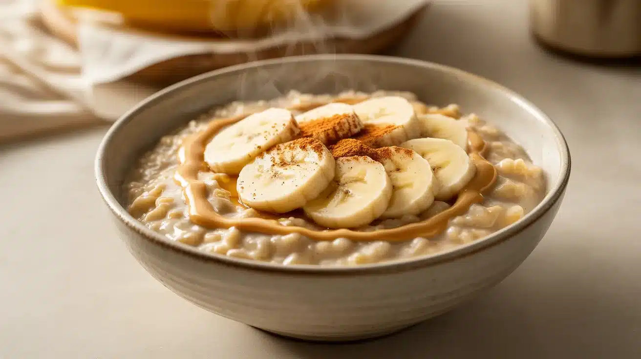 A bowl of oatmeal topped with banana slices, peanut butter, and a sprinkle of cinnamon
