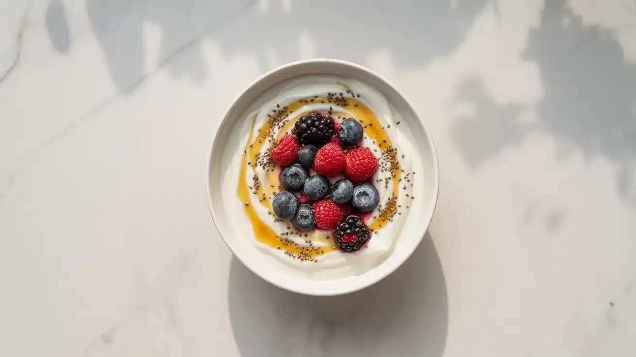 A bowl of yogurt topped with mixed berries, chia seeds, and a drizzle of honey