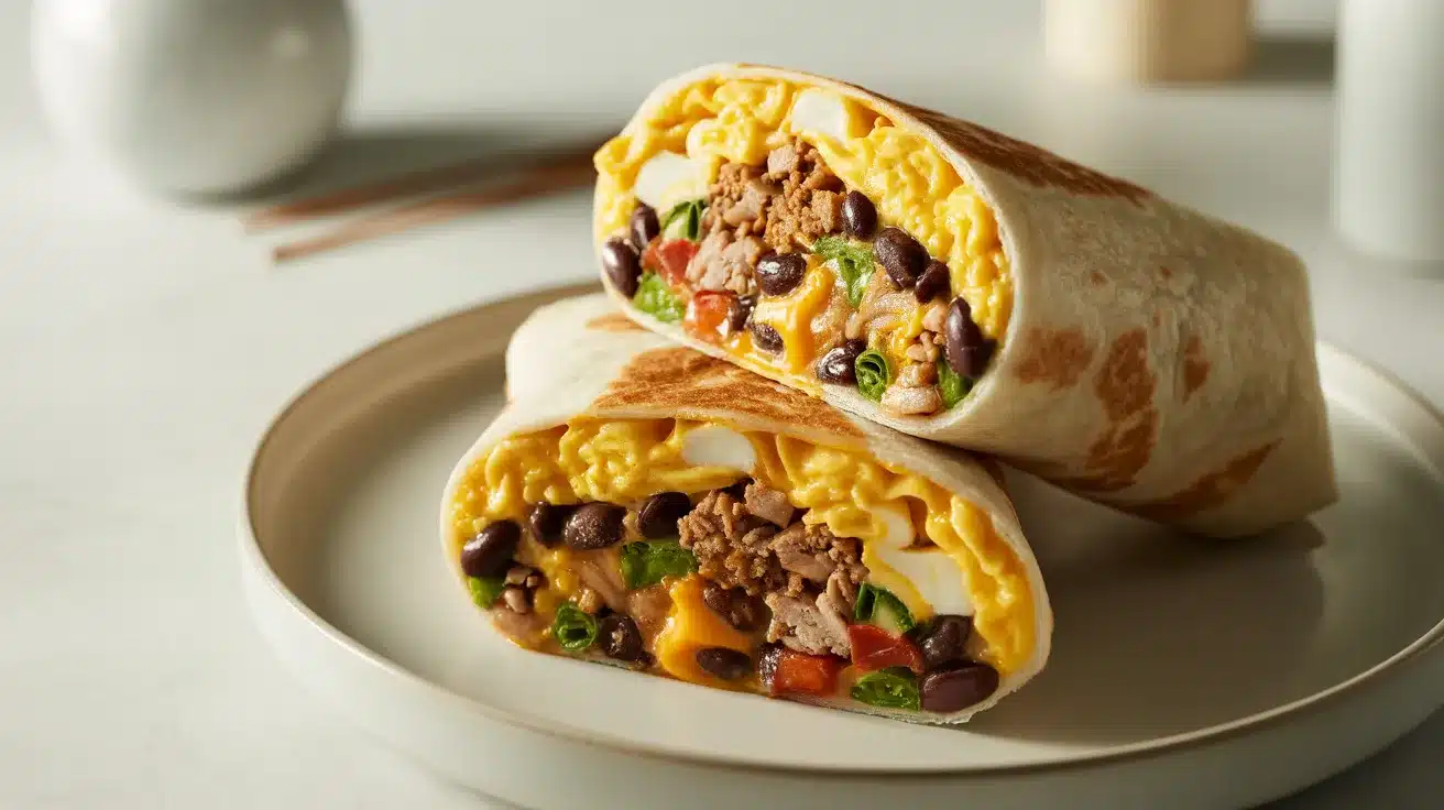 A breakfast burrito with scrambled eggs, beef, black beans, tomatoes, and green onions