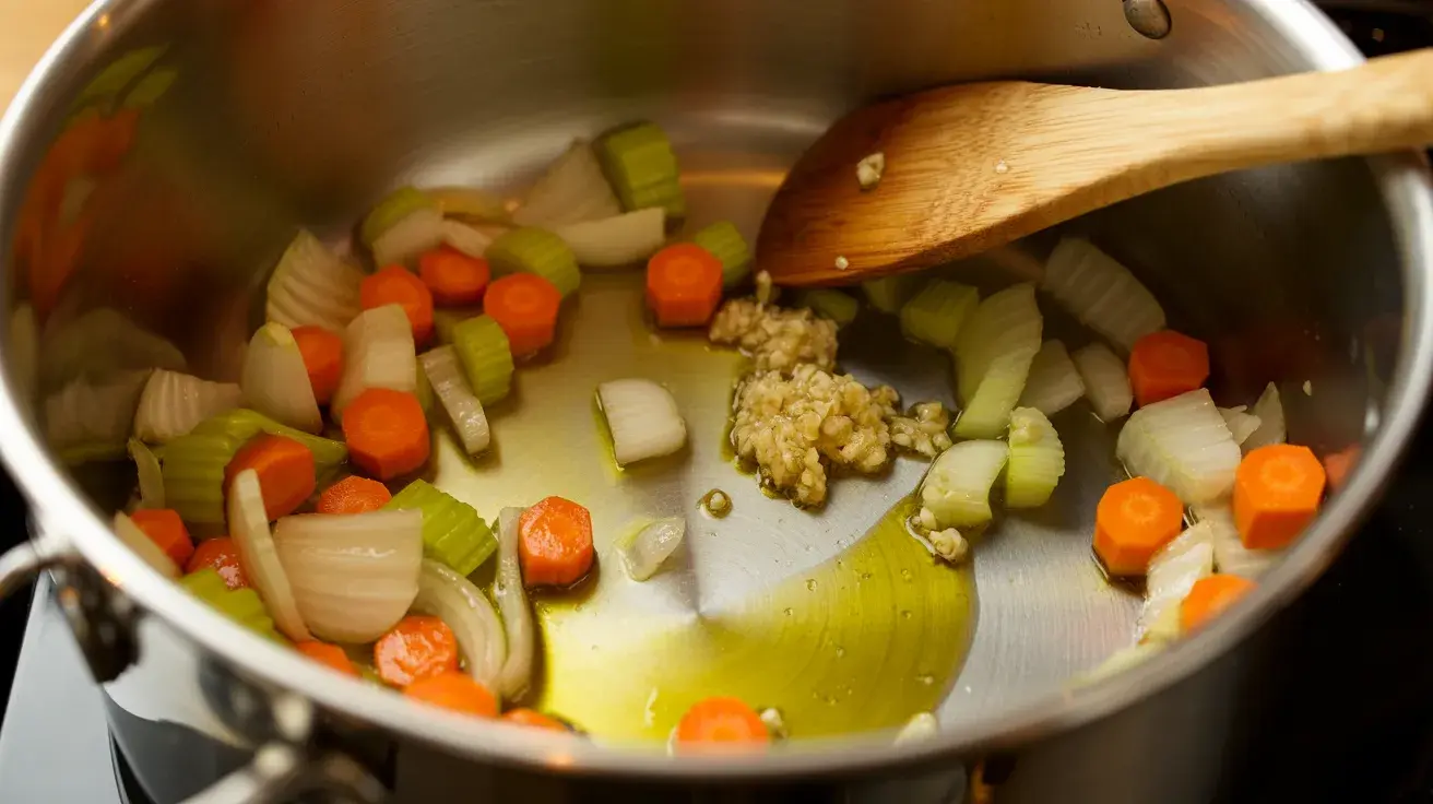 A close-up of diced onions, carrots, celery, and minced garlic sautéing in olive oil in a silver pot.