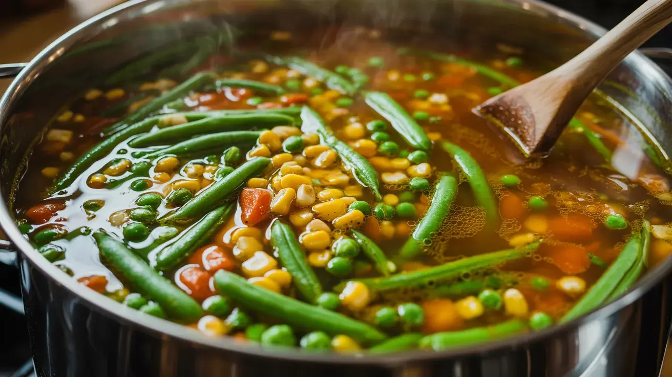 A close-up of green beans, peas, and corn simmering in a flavorful broth with vegetables