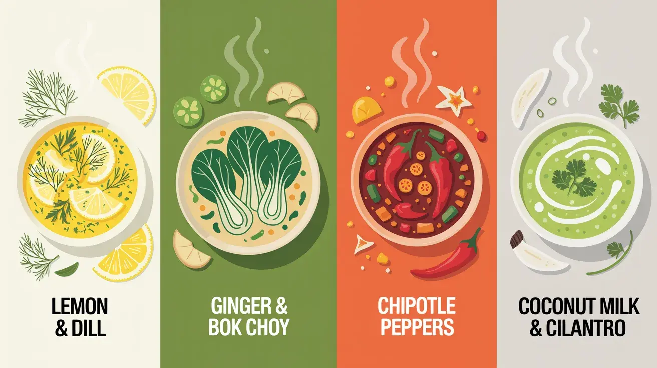A colorful, illustrated infographic showcasing four unique soup variations