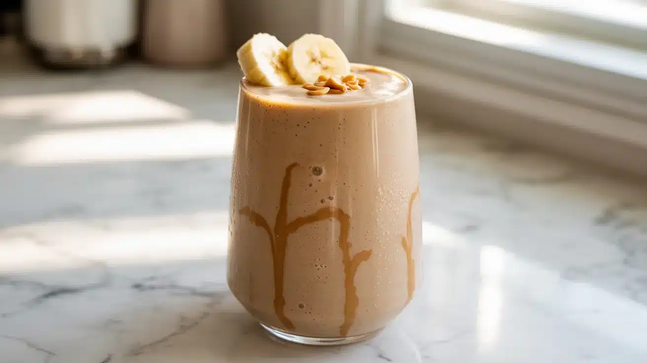 A creamy smoothie topped with banana slices and peanut pieces, with a caramel drizzle on the glass