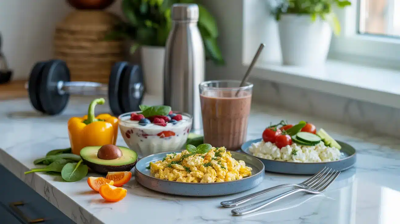 A high-protein breakfast with eggs, yogurt, smoothie, cottage cheese, and fresh fruits