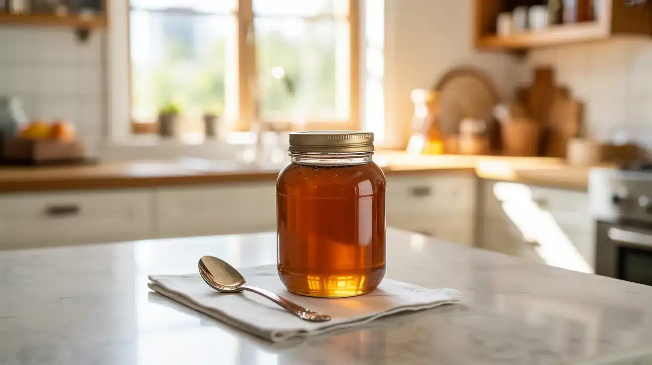 A jar of honey placed on a napkin with a spoon beside it, on a kitchen countertop