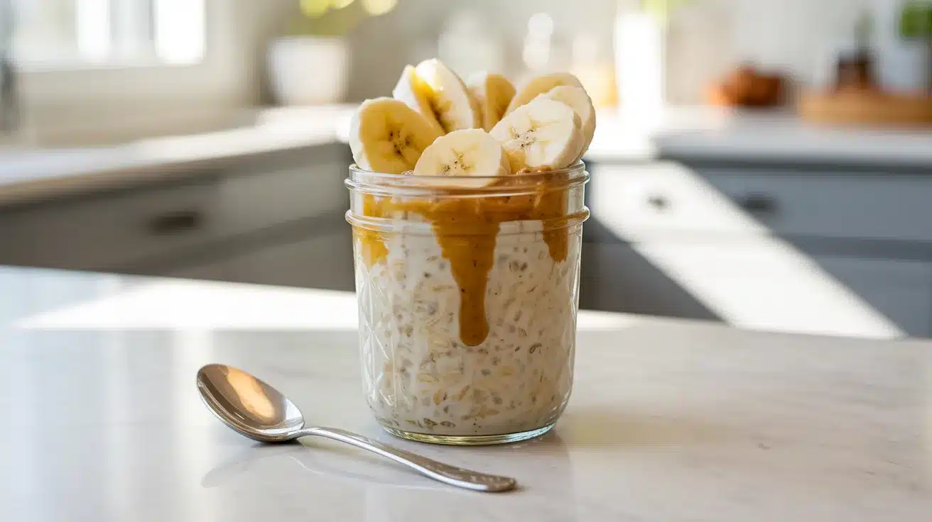 A jar of overnight oats topped with banana slices and a drizzle of peanut butter