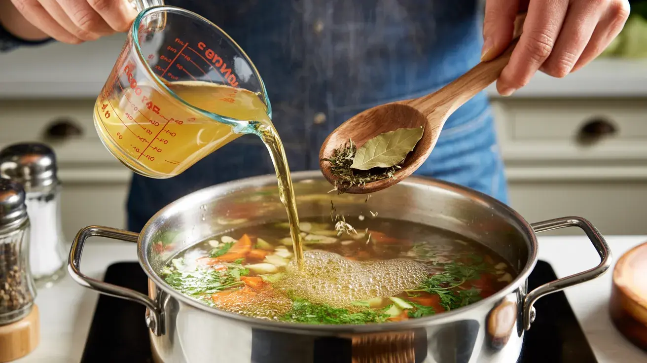 A person pours chicken broth into a pot while adding bay leaves and thyme to the simmering vegetables.
