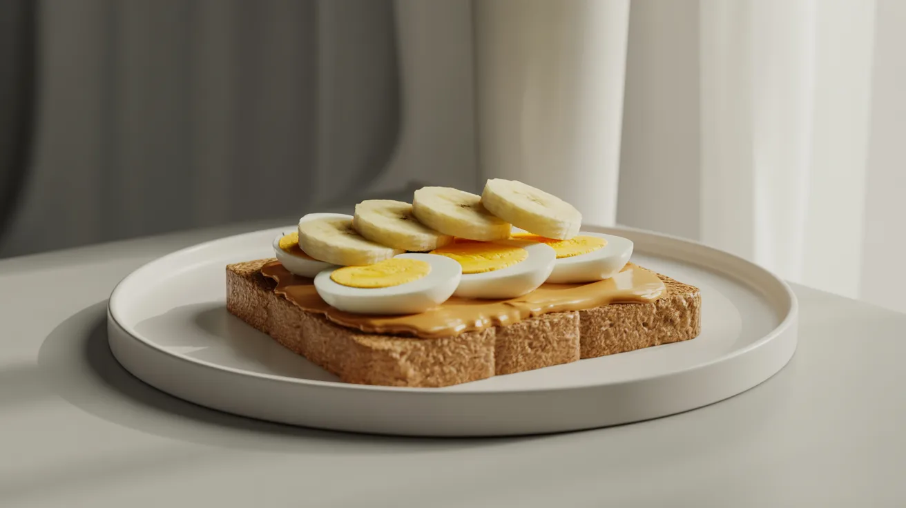A slice of toast spread with peanut butter, topped with banana slices and hard-boiled egg halves
