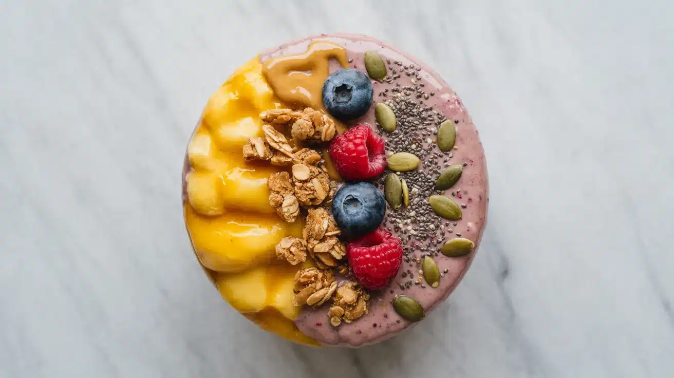 A smoothie bowl with mango, banana, granola, berries, chia seeds, and pumpkin seeds
