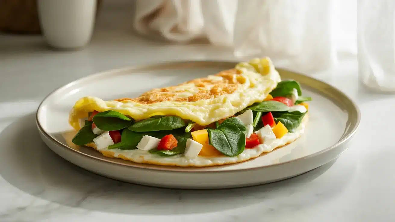 A spinach and feta omelette with diced tomatoes and mango, served on a plate
