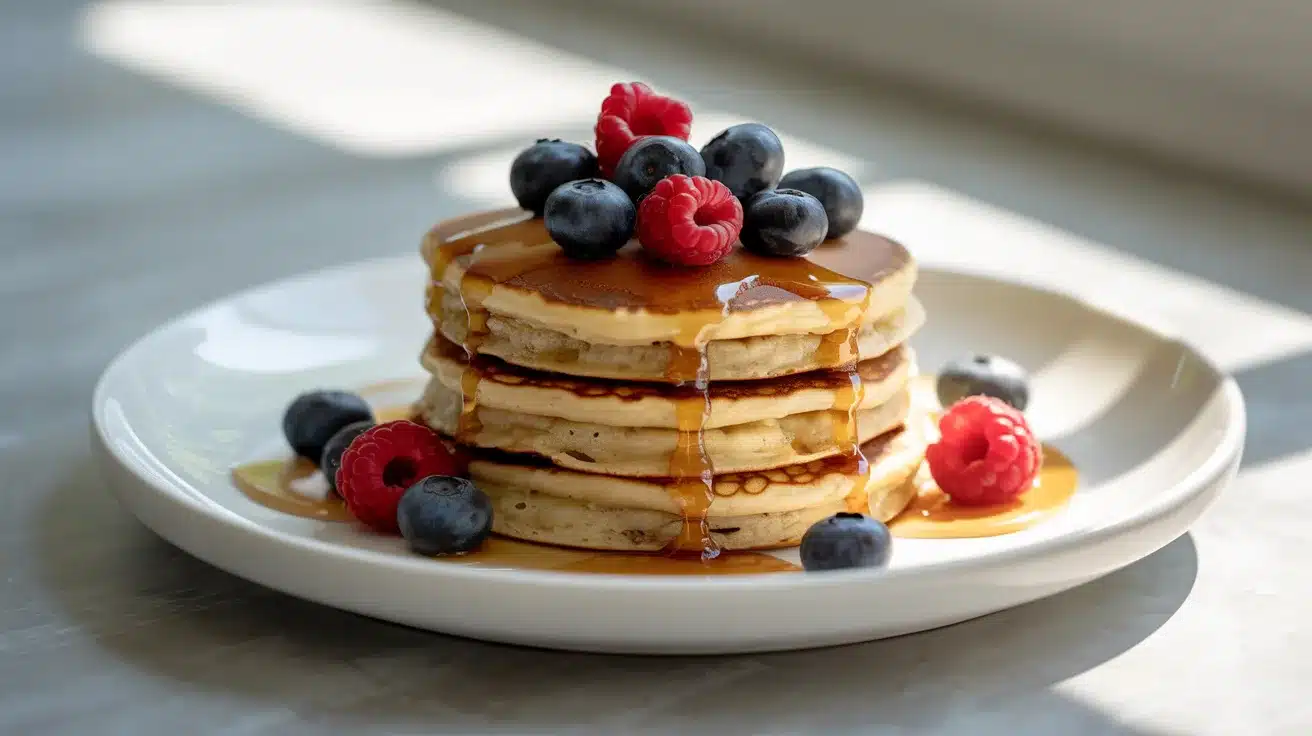 A stack of pancakes drizzled with syrup, topped with fresh raspberries and blueberries