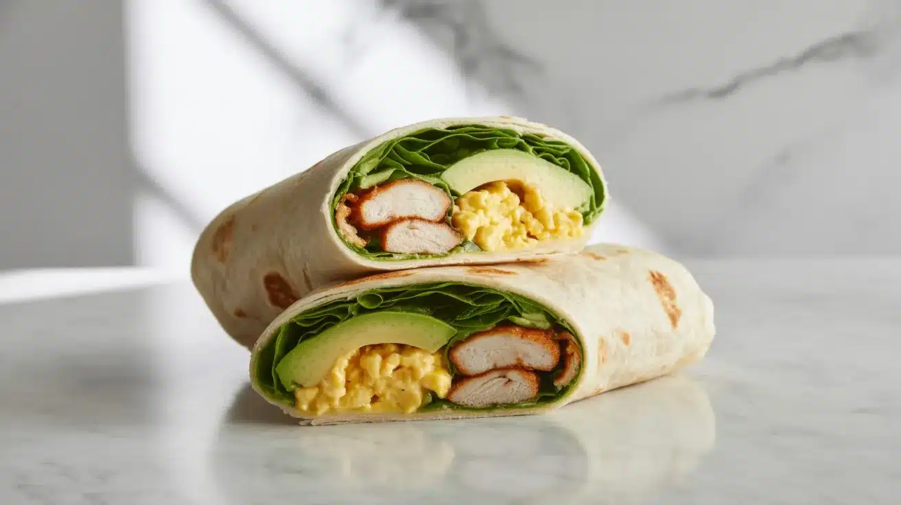 A tortilla wrap filled with scrambled eggs, grilled chicken, avocado slices, and lettuce