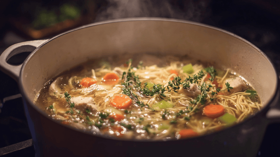 Adding no-salt chicken broth, vegetables, and noodles to a pot of simmering chicken soup with herbs.