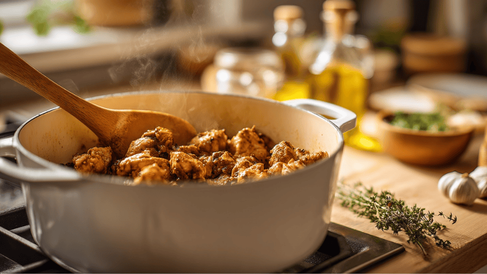 Browning chicken pieces in a white pot on the stovetop, stirring with a wooden spoon in warm kitchen lighting.