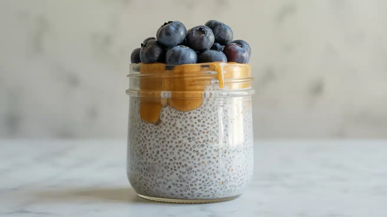 Chia pudding topped with blueberries and a drizzle of peanut butter