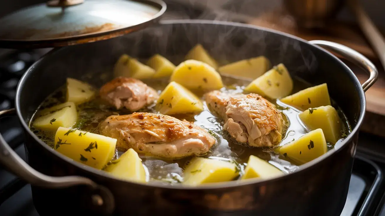Chicken breasts and potatoes simmering in a pot, with herbs and steam rising from the flavorful broth
