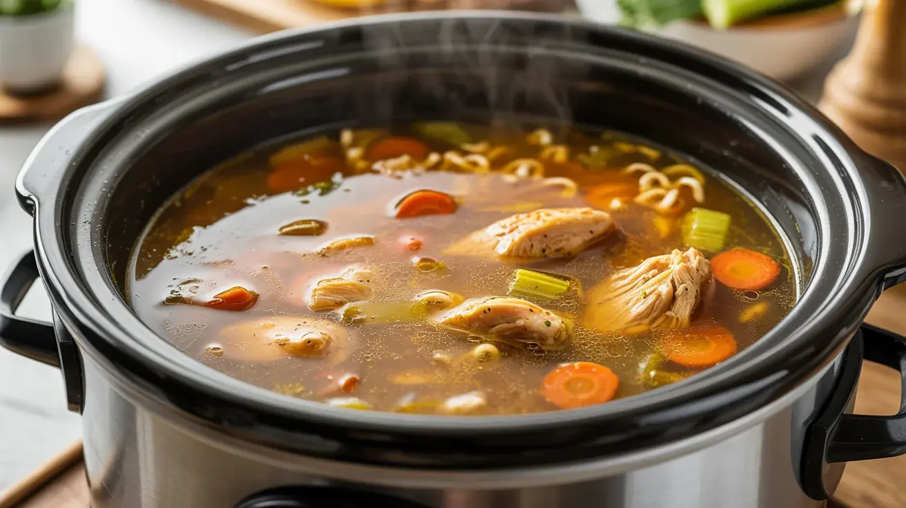Chicken soup simmering in a slow cooker, with tender chicken, carrots, celery, and noodles