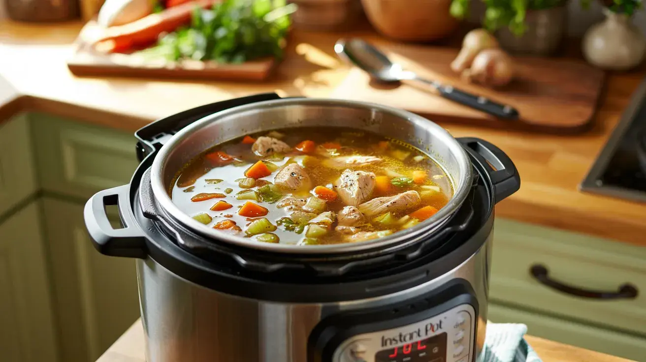 Chicken vegetable soup cooking in an Instant Pot, with steam rising from the broth and fresh ingredients