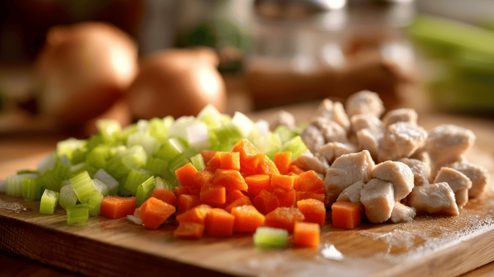 Chopping carrots, celery, onions, and diced chicken on a wooden cutting board in a cozy kitchen.