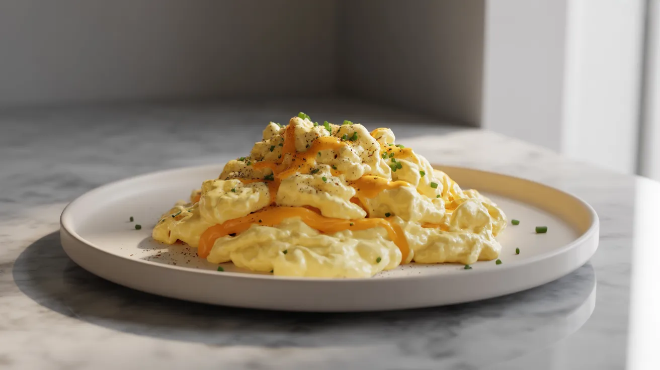 Fluffy scrambled eggs topped with melted cheese and chives
