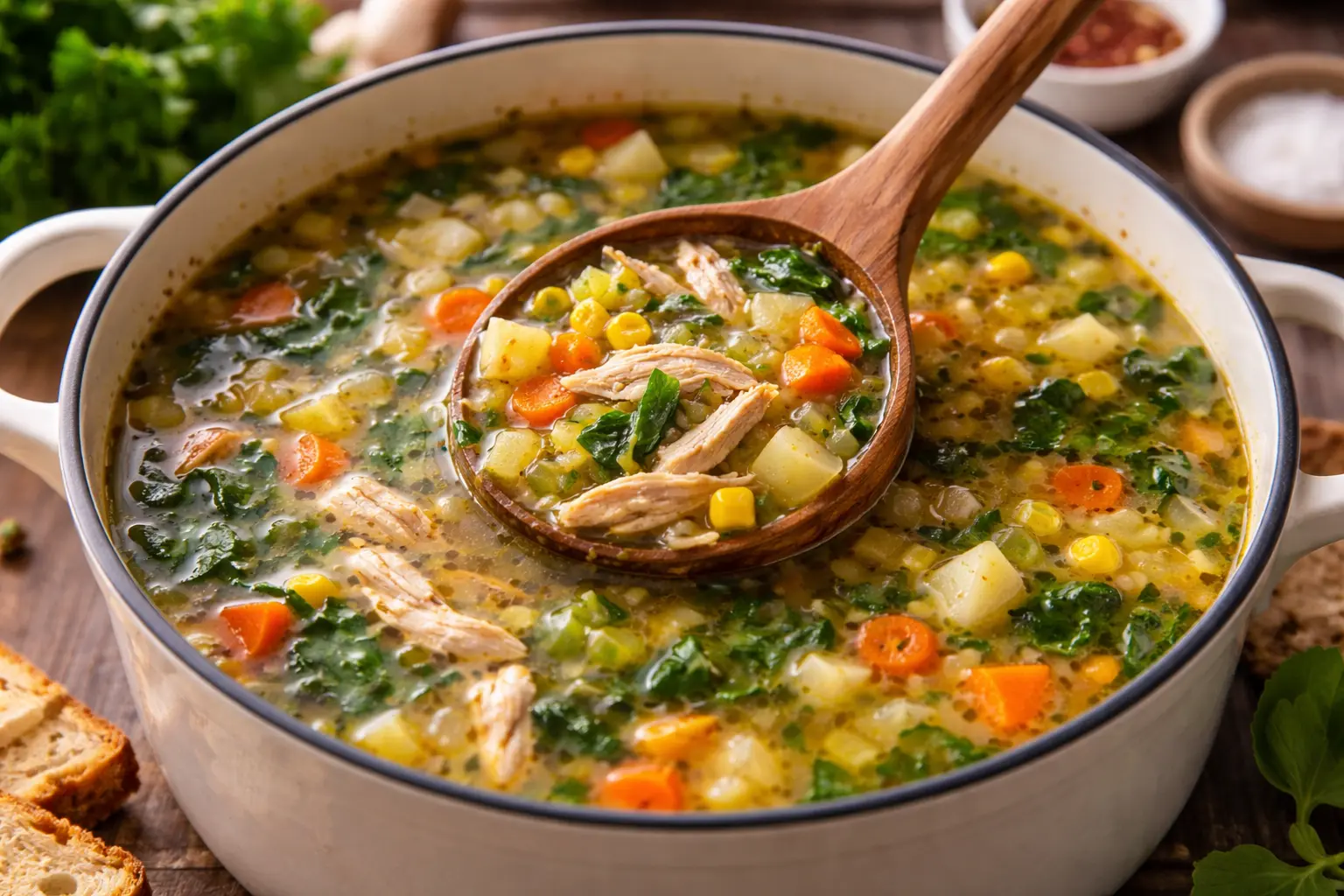 Homemade chicken vegetable soup with tender chicken, vibrant vegetables, and fresh herbswebp
