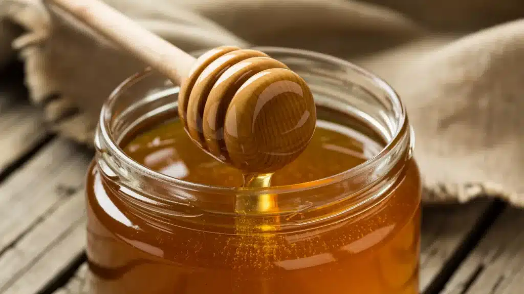 Honey dipper dripping into glass jar on rustic wooden table