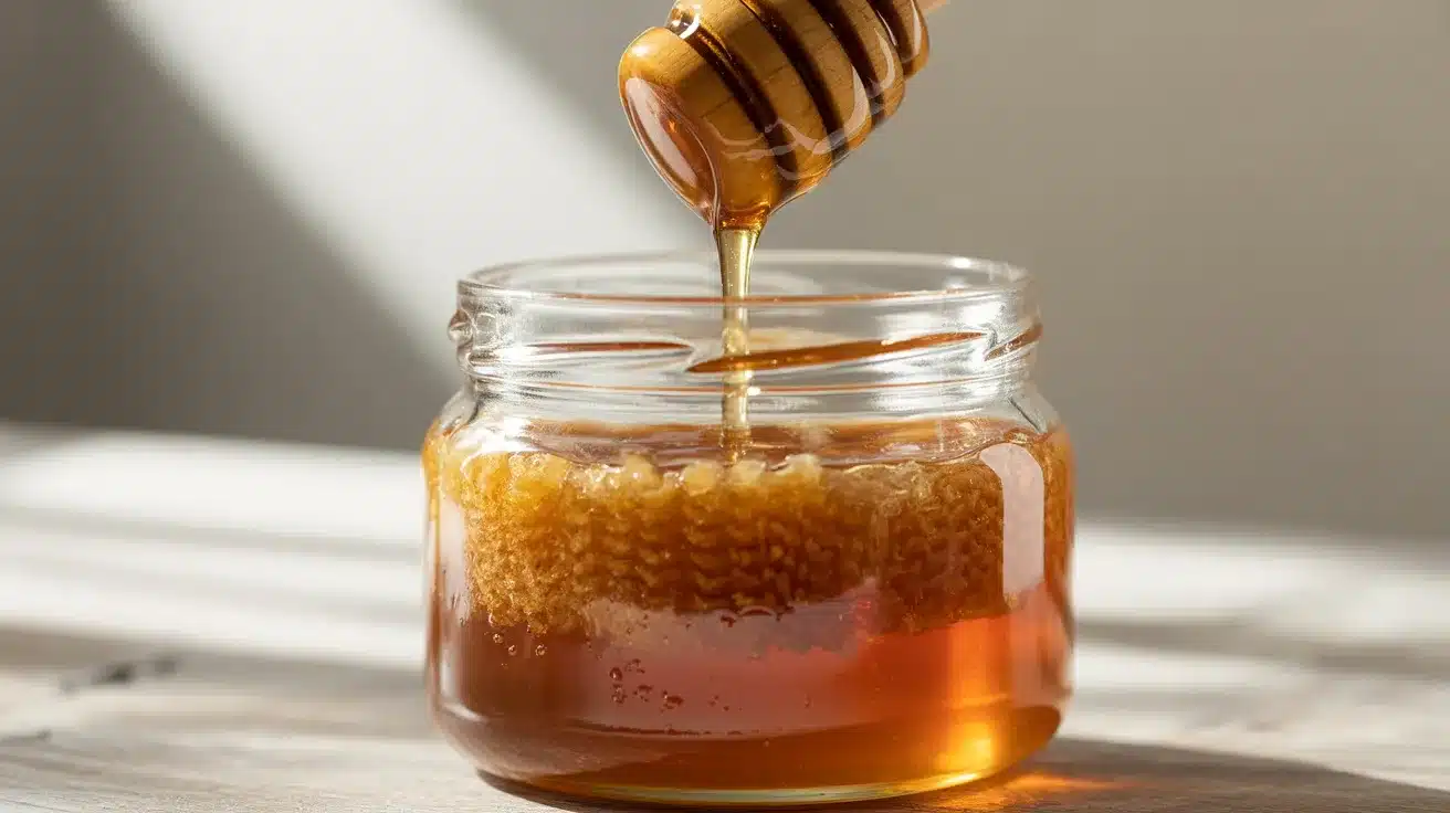 Honey dripping from dipper into jar with honeycomb inside