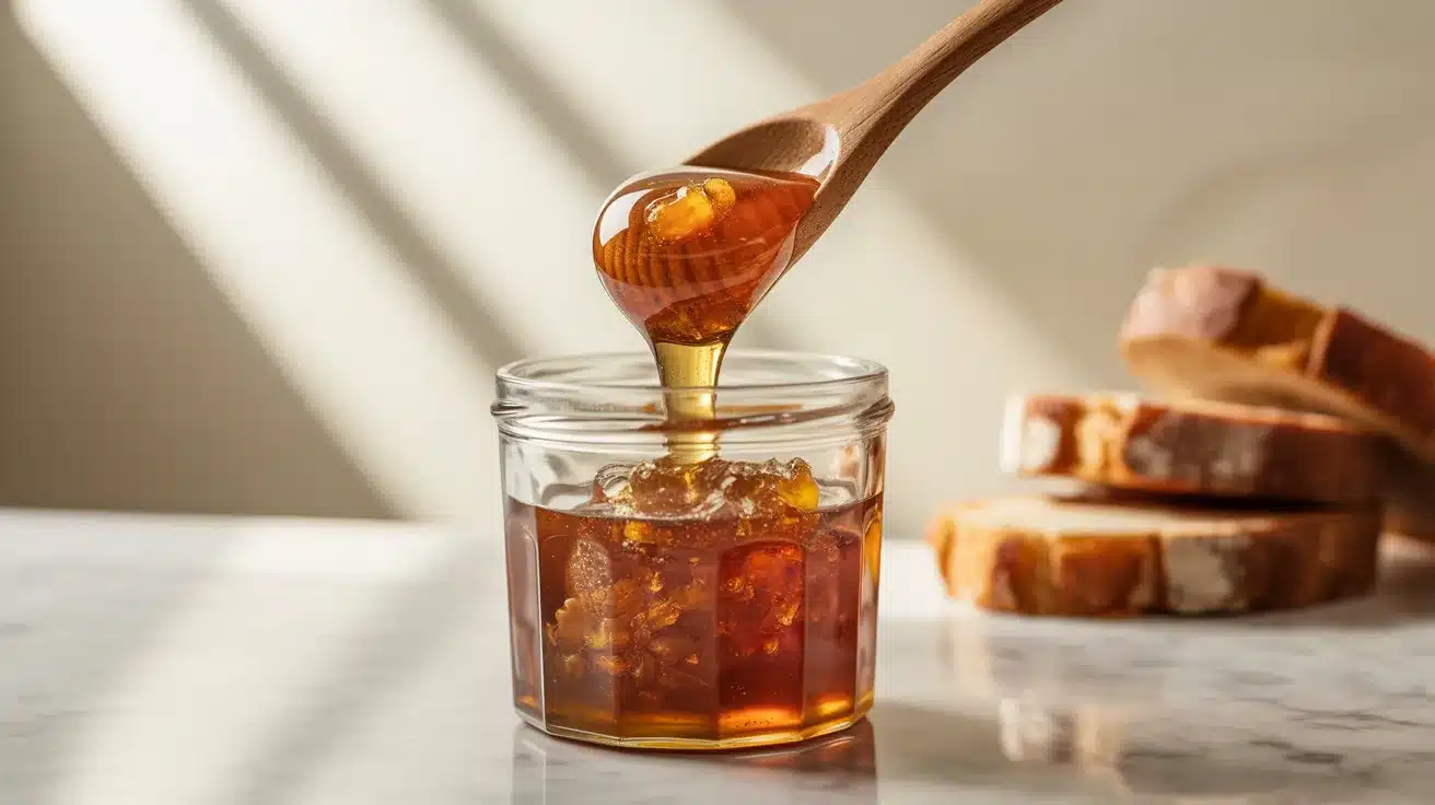 Honey spoon dripping into jar with toast slices in background