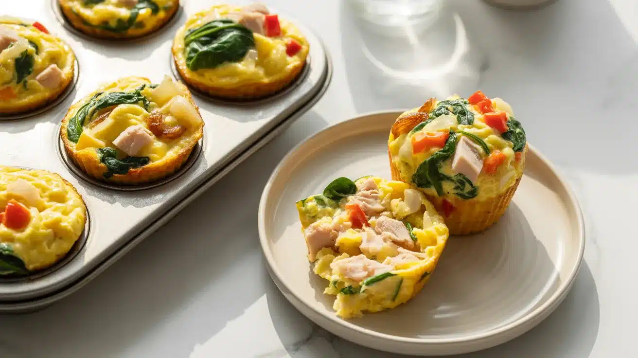 Mini egg muffins with spinach, chicken, and bell peppers