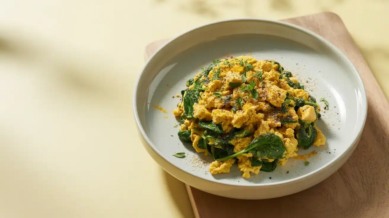 Scrambled tofu with spinach, seasoned with herbs and spices