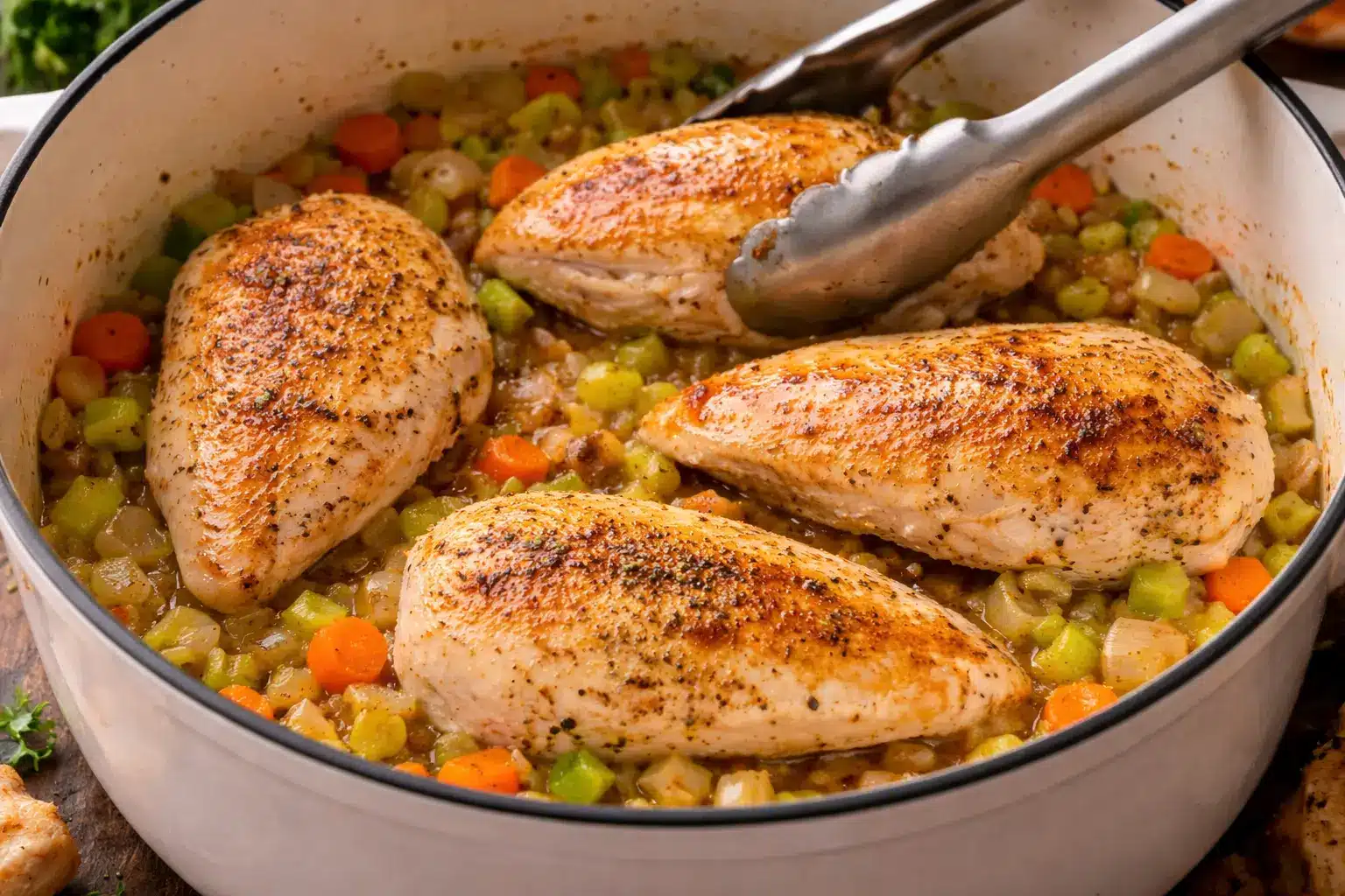 Seared chicken breasts in a Dutch oven, resting on sautéed vegetables with a golden-brown crustage