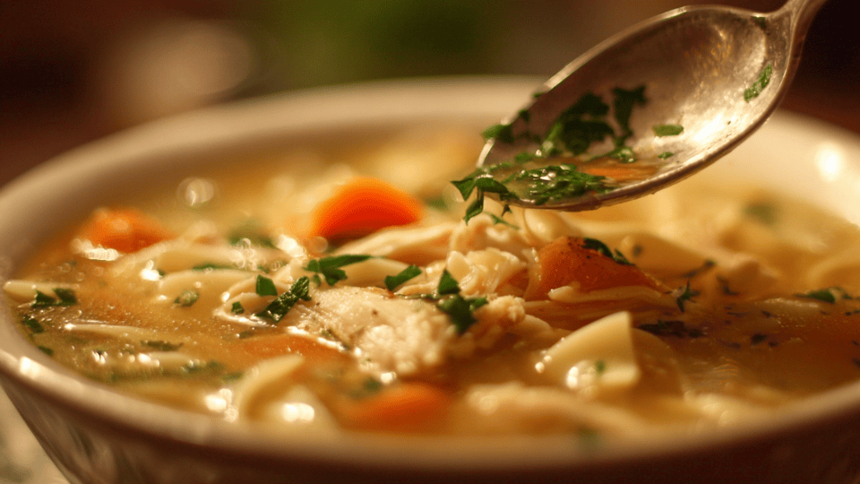 Squeezing fresh lemon juice into a bowl of chicken noodle soup, garnished with parsley in warm lighting.