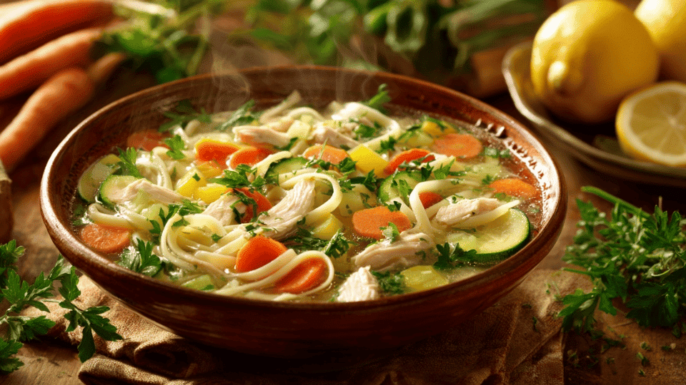Steaming bowl of low-sodium chicken noodle soup with fresh vegetables, parsley, and lemon wedges in a cozy kitchen