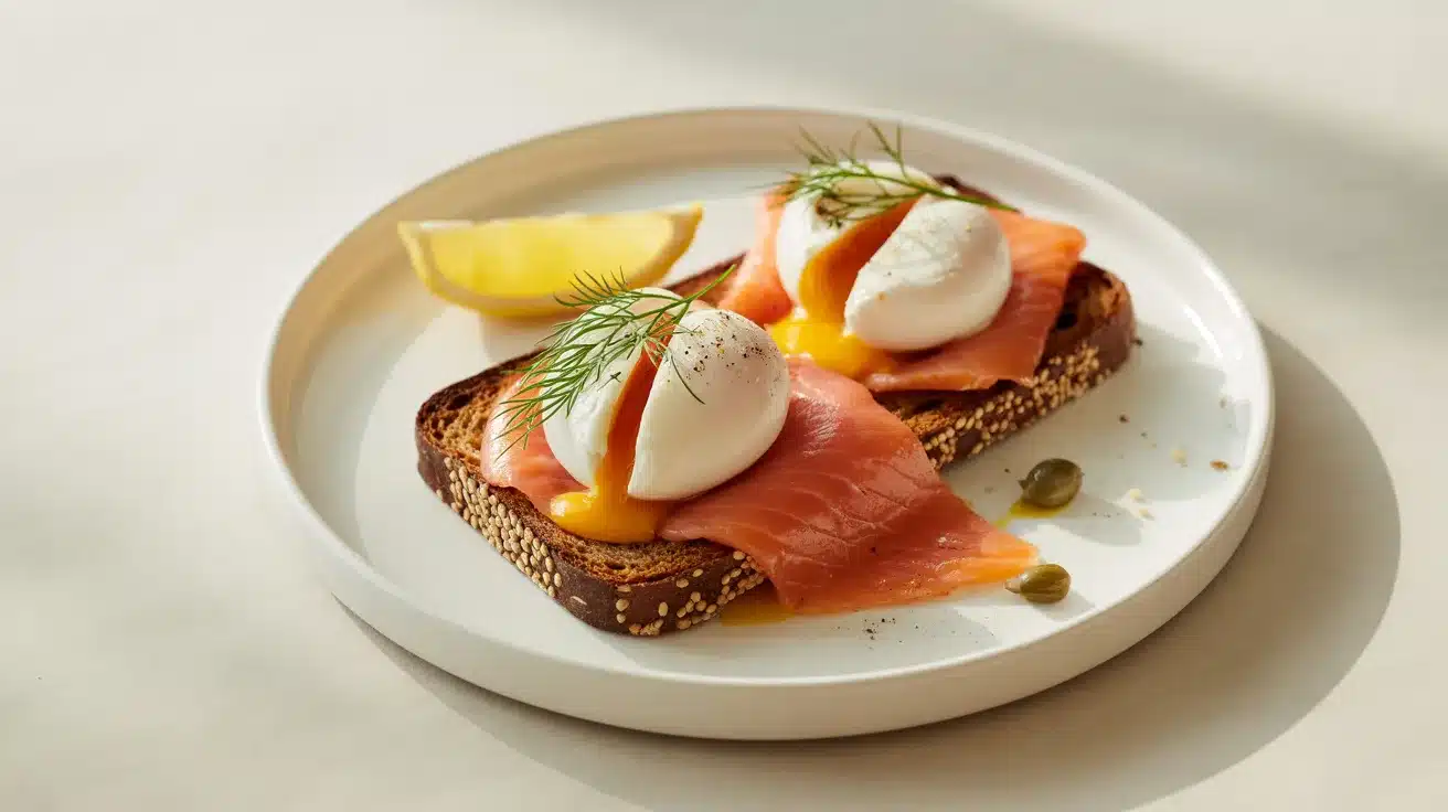 Toast topped with smoked salmon, poached eggs, fresh dill, and a wedge of lemon