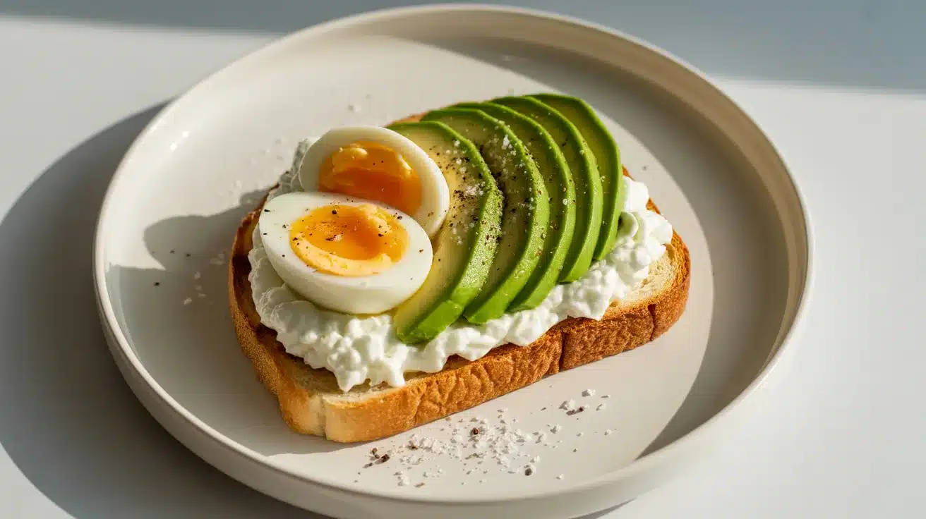 Toast with cottage cheese, sliced avocado, and soft-boiled eggs, sprinkled with black pepper