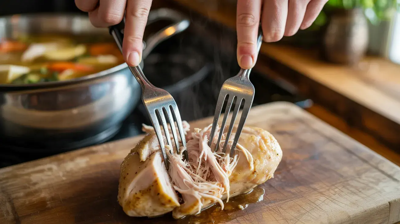 Two forks shred tender chicken breast on a wooden cutting board