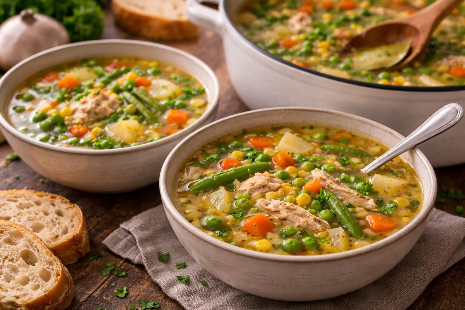 Two rustic bowls of homemade chicken vegetable soup, garnished with fresh parsley